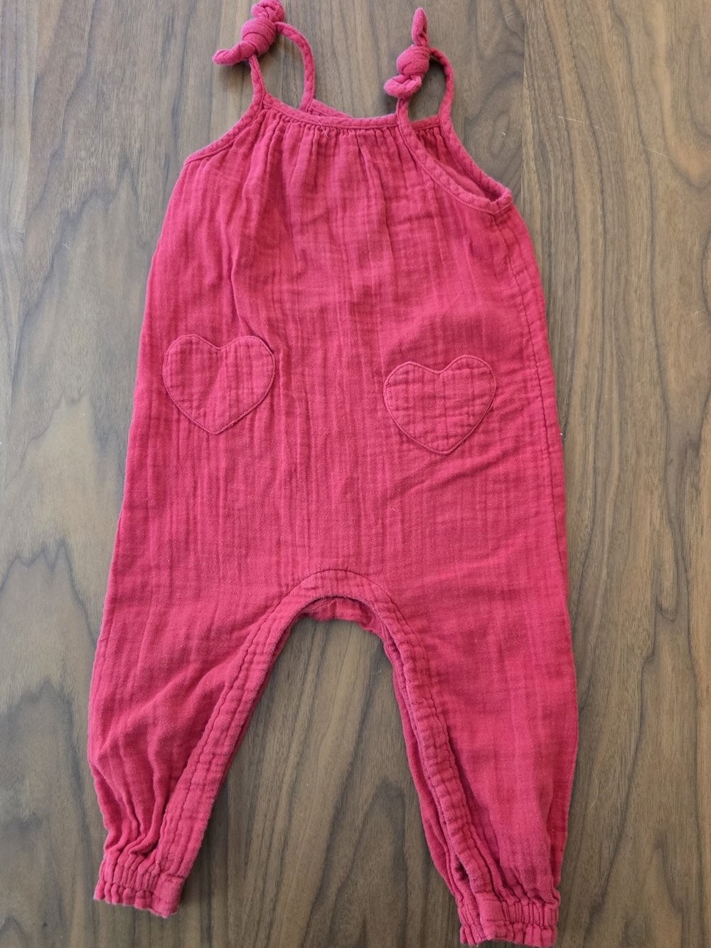 Old Navy Red Muslin Cotton Jumpsuit Heart Pockets Romper 24m